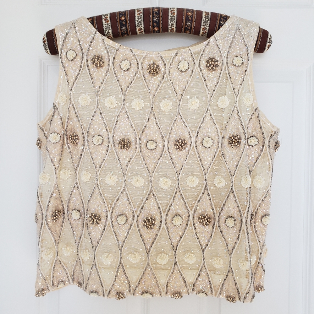 Vintage Ivory Gold Beaded Sleeveless Back-Zip-Up Top M/L